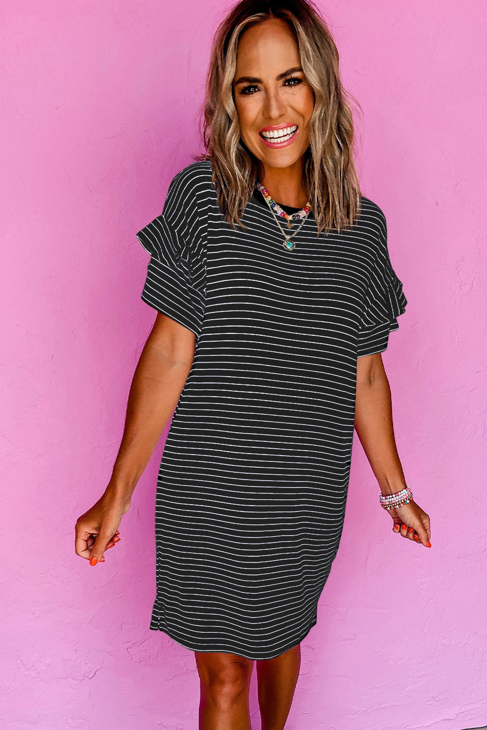 Striped Ruffled Short Sleeve Crew Neck T Shirt Shift Mini Dress