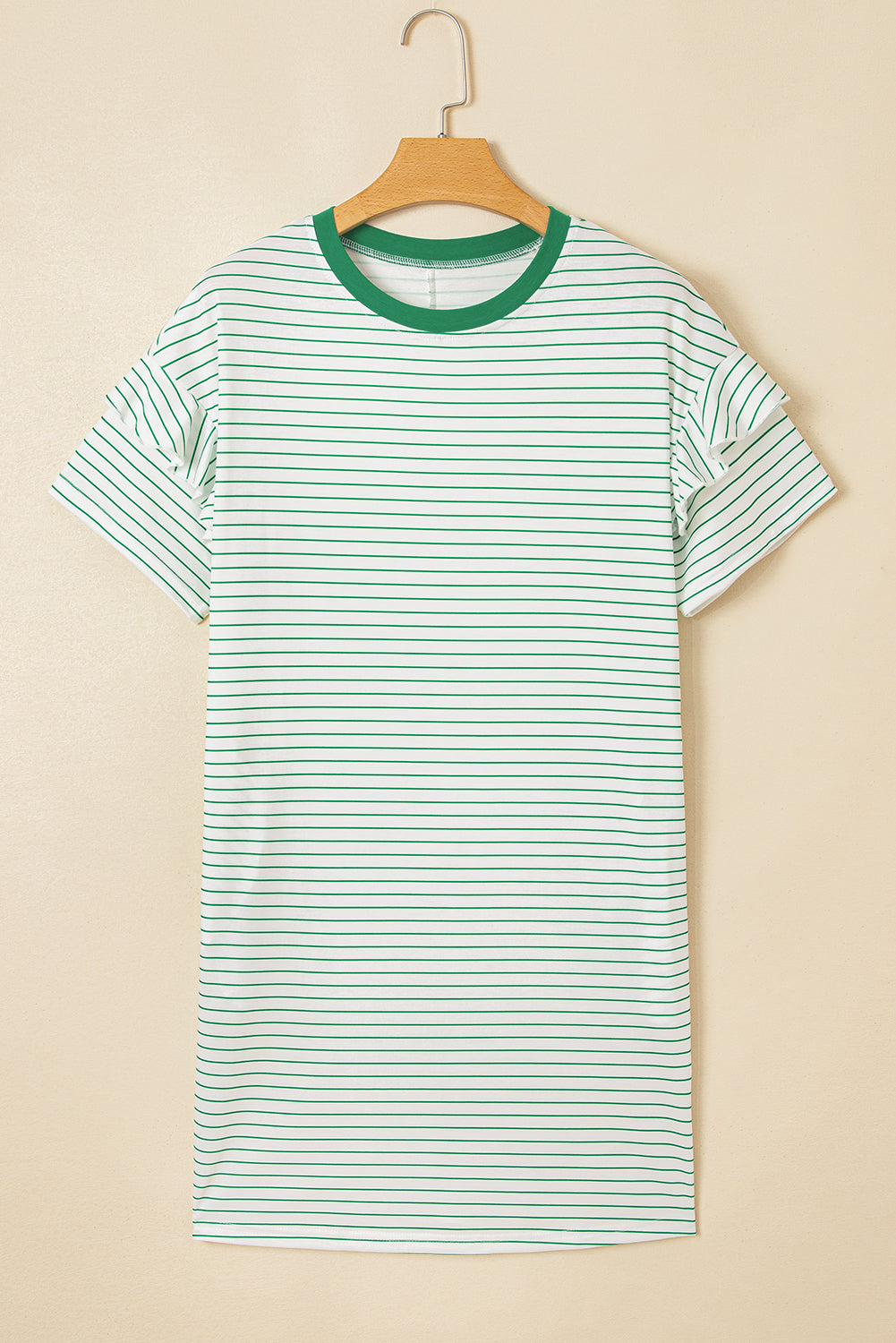 Striped Ruffled Short Sleeve Crew Neck T Shirt Shift Mini Dress