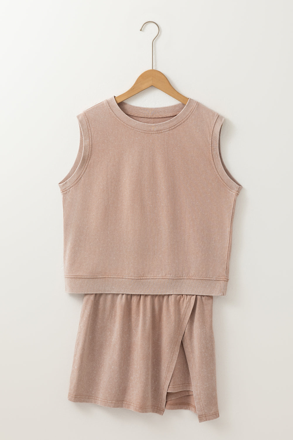 2 Piece Mineral Wash Cotton Tank Top Lined Split Skirt Set