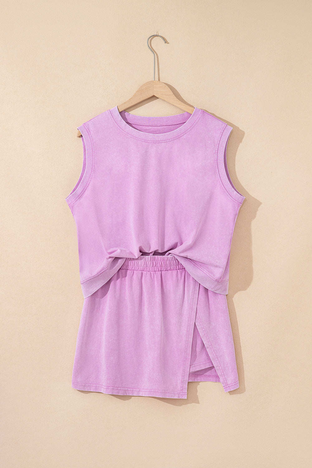 2 Piece Mineral Wash Cotton Tank Top Lined Split Skirt Set