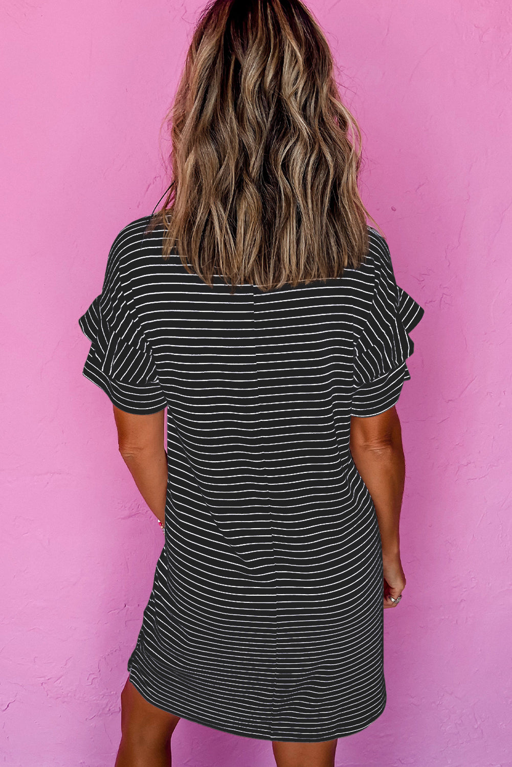 Striped Ruffled Short Sleeve Crew Neck T Shirt Shift Mini Dress