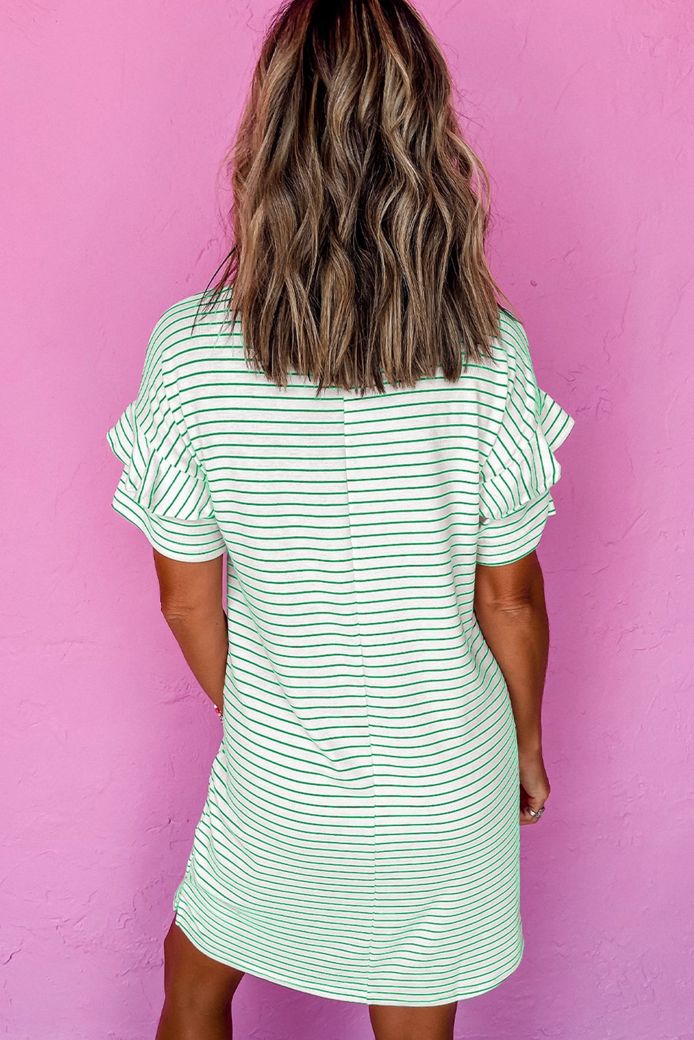 Striped Ruffled Short Sleeve Crew Neck T Shirt Shift Mini Dress