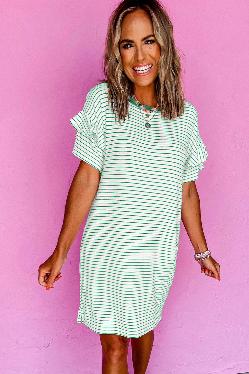 Striped Ruffled Short Sleeve Crew Neck T Shirt Shift Mini Dress
