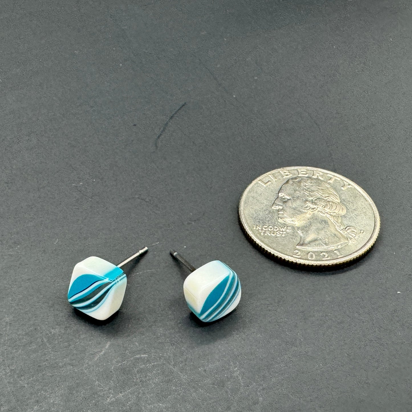 Aqua Blue & White Striped Square Cane Slice Stud Earrings