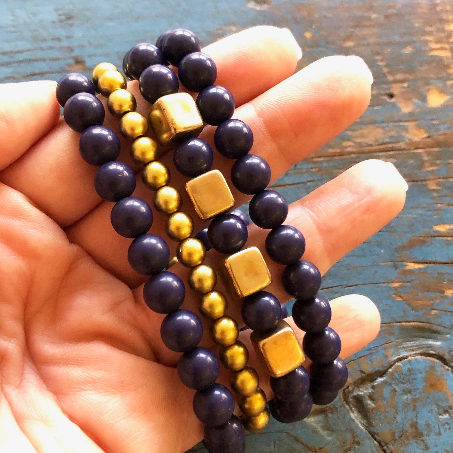 Navy Blurple & Gold Cube Stack and Stretch Bracelet Set