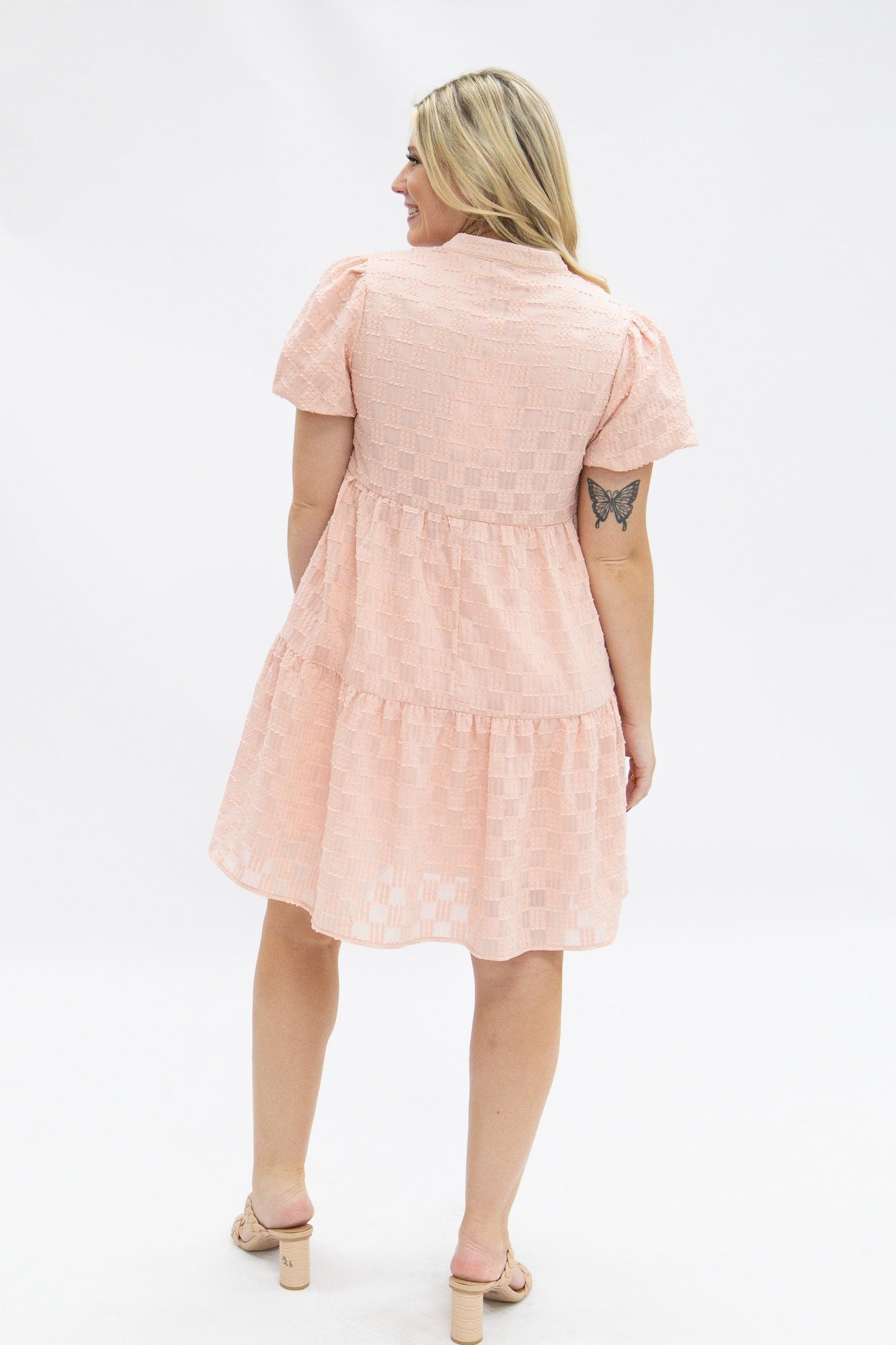 V-Neck Checkered Dress, Pink