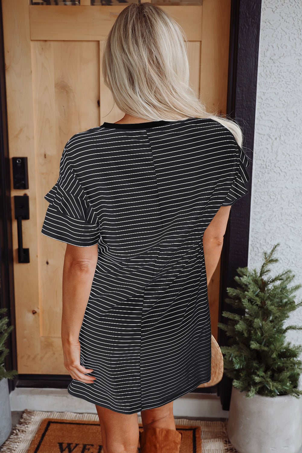 Striped Ruffled Short Sleeve Crew Neck T Shirt Shift Mini Dress