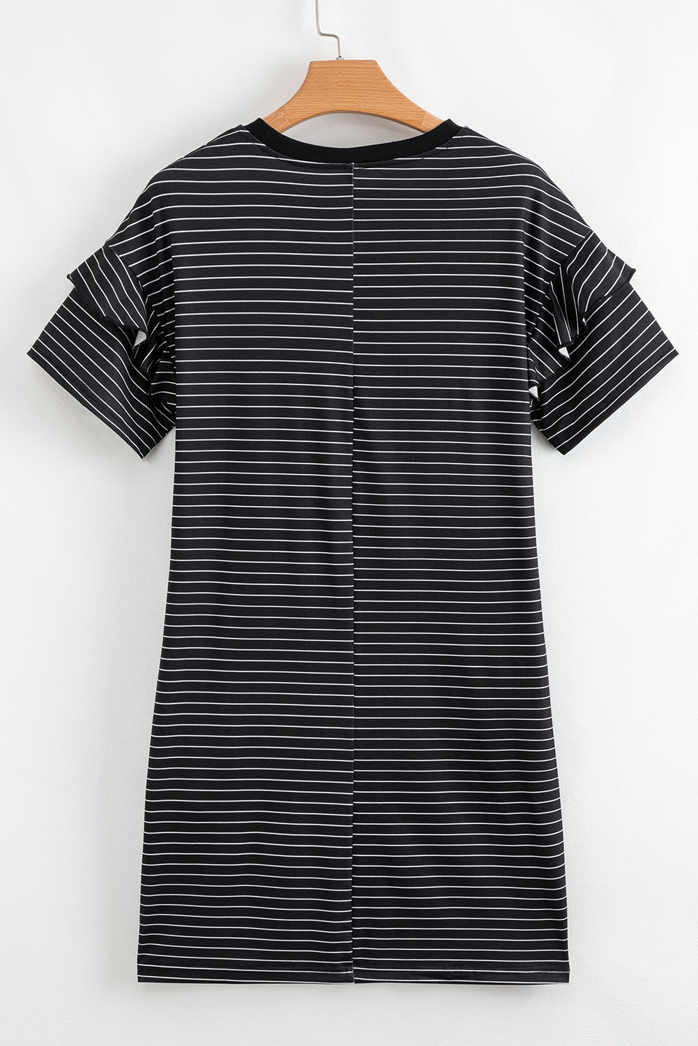 Striped Ruffled Short Sleeve Crew Neck T Shirt Shift Mini Dress