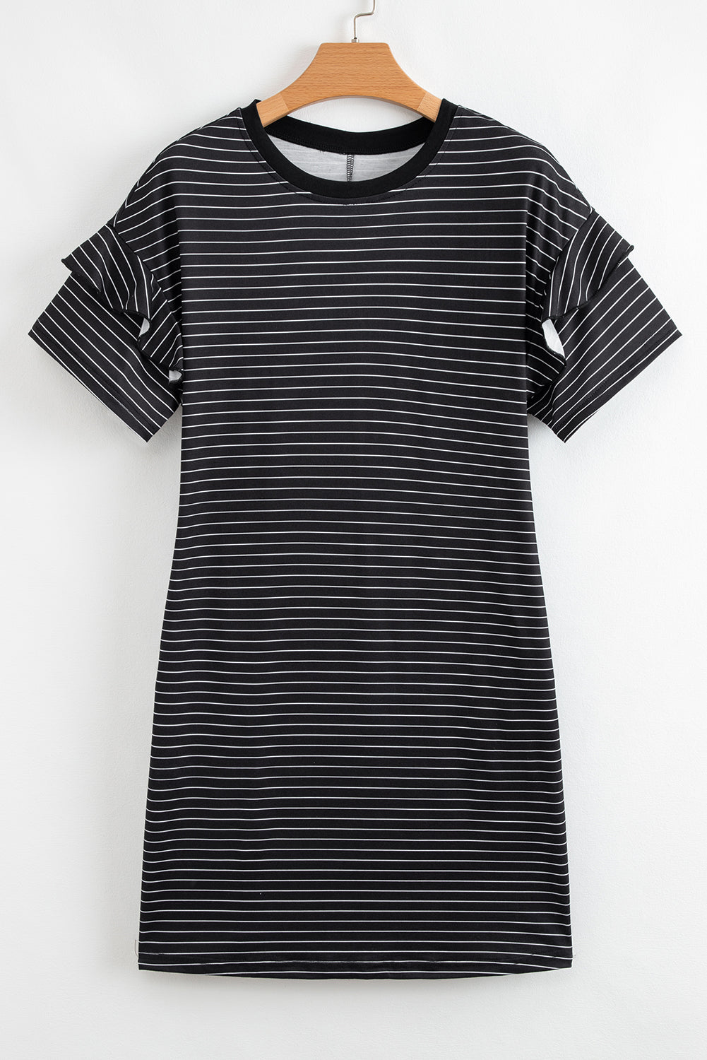 Striped Ruffled Short Sleeve Crew Neck T Shirt Shift Mini Dress