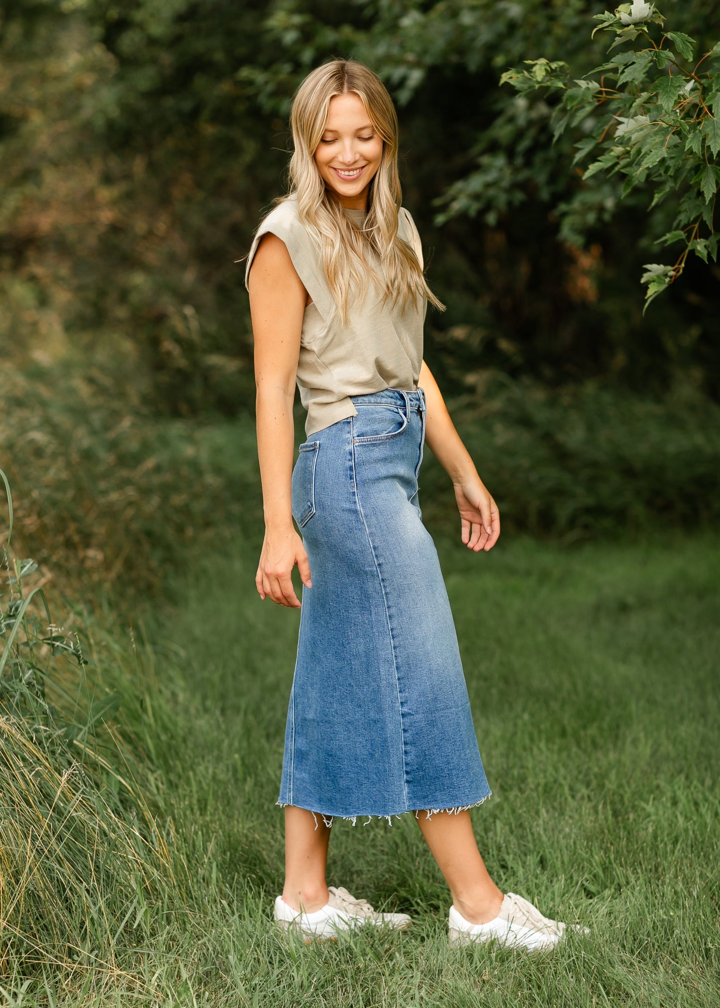 Lee A-Line Raw Hem Midi Skirt
