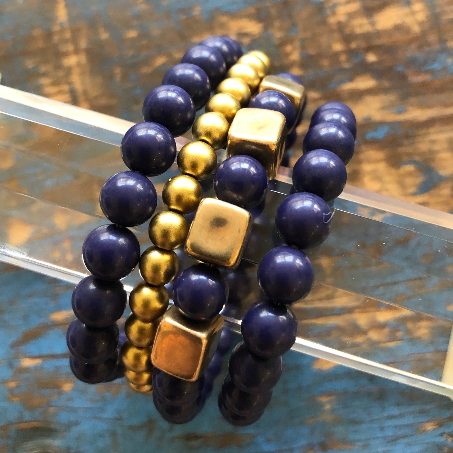 Navy Blurple & Gold Cube Stack and Stretch Bracelet Set