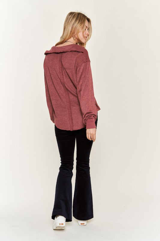 Deep V-neck Collared Long sleeve Knit Top JJT1024