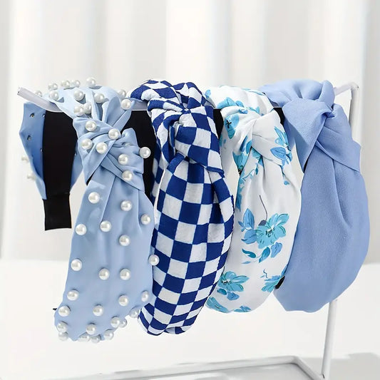 4 Pack Blue Pearl Beaded Knot Headbands