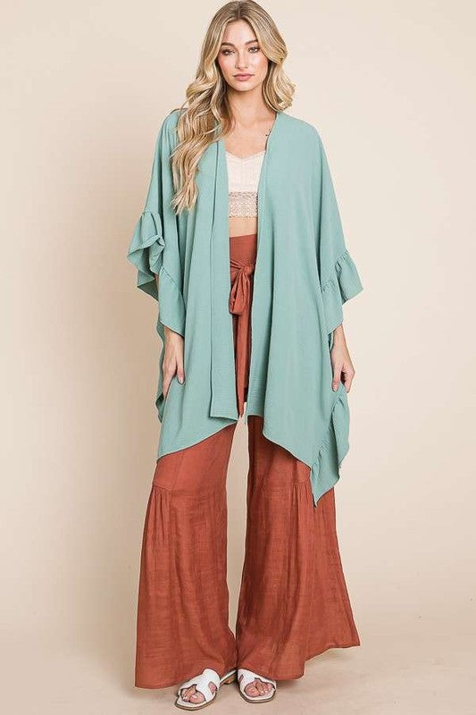 Wide sleeves ruffle kimono