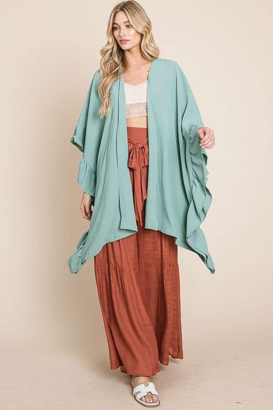 Wide sleeves ruffle kimono