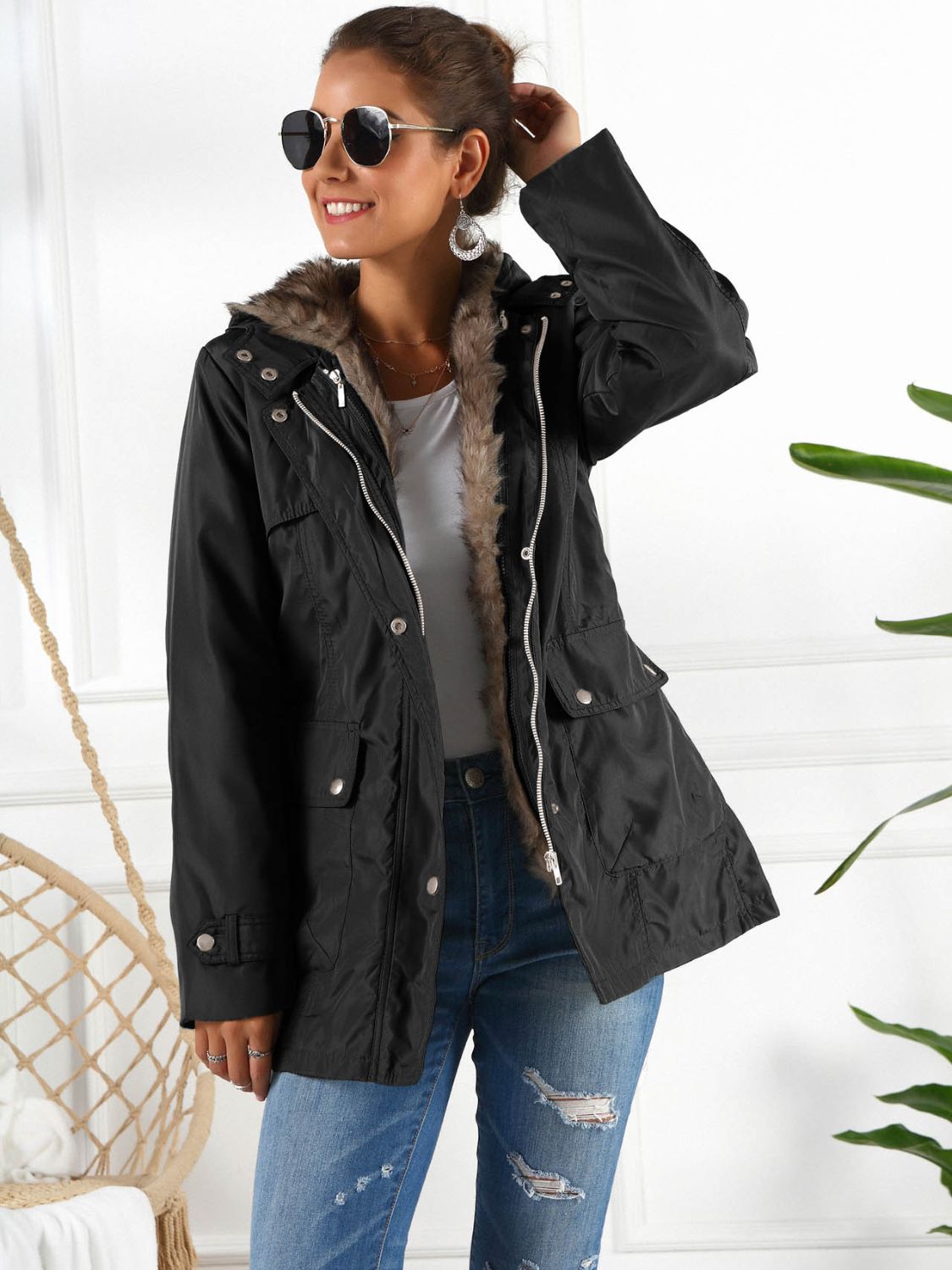 Ivy Lane Full Size Hooded Jacket with Detachable Liner (Three-Way Wear)