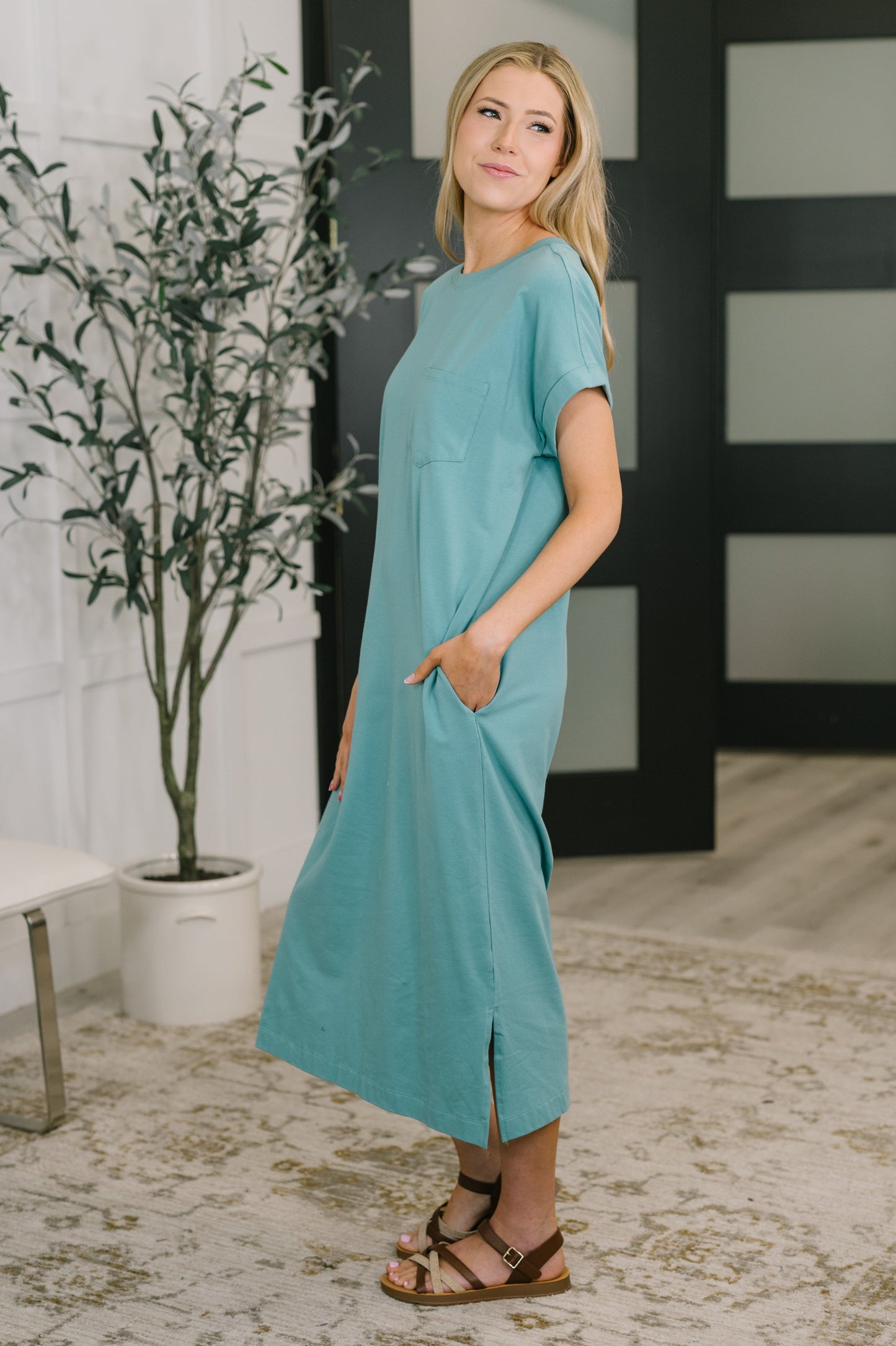 Fix You Right Up Short Sleeve Midi Dress in Dusty Teal