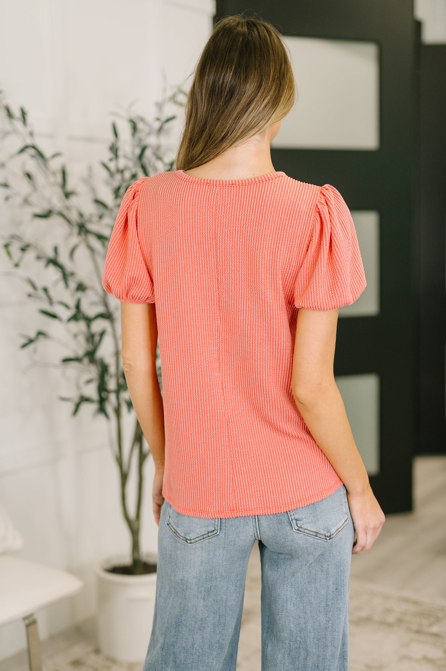 Grace & Virtue Balloon Sleeve Blouse in Coral