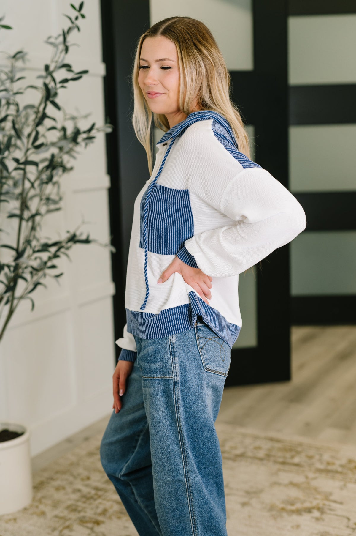 Here for Now Color Block Hoodie in Blue