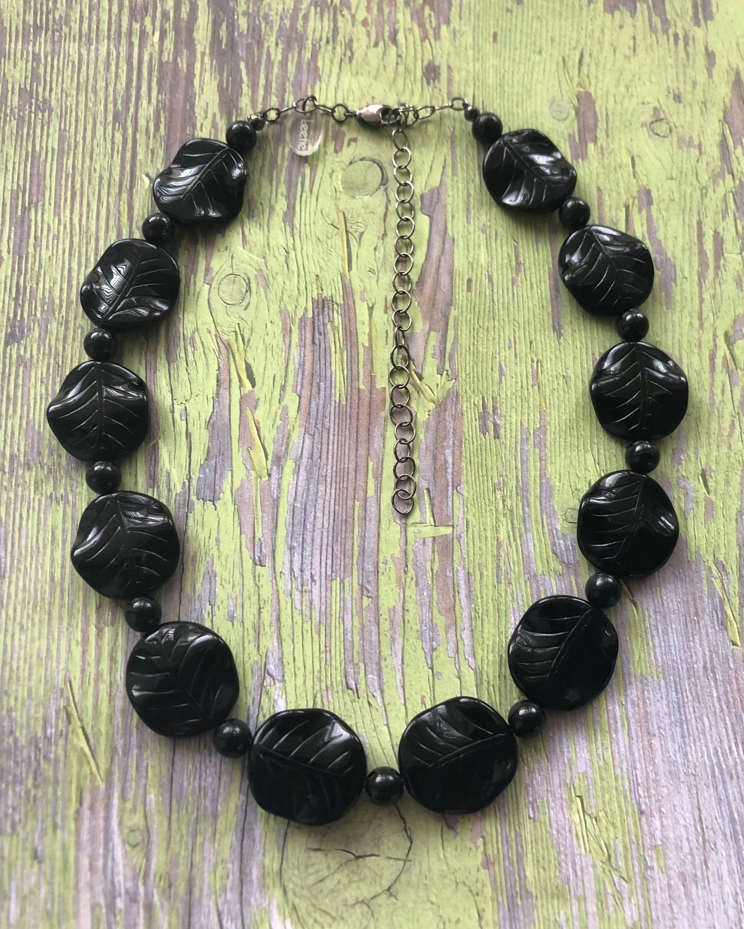 Black Carved Leaves Beaded Marco Necklace