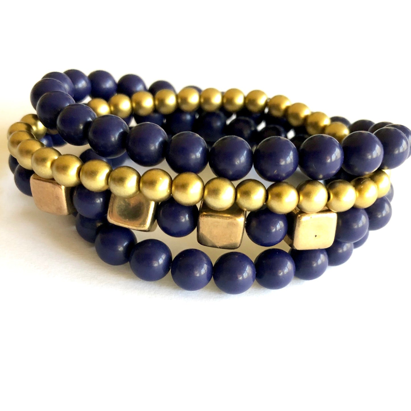 Navy Blurple & Gold Cube Stack and Stretch Bracelet Set