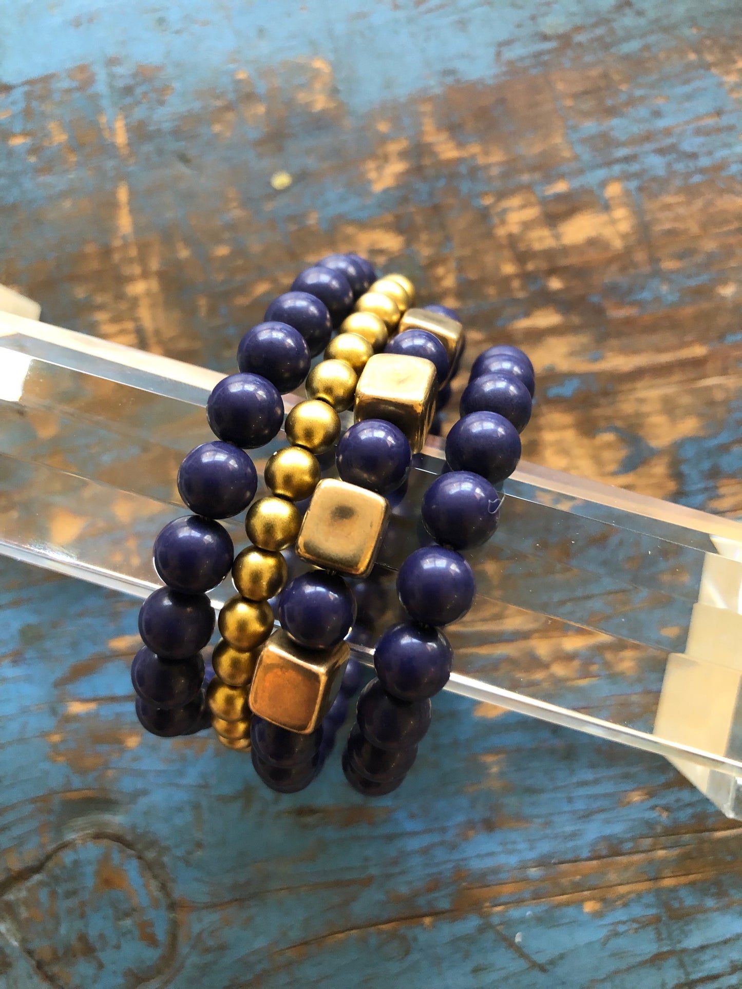 Navy Blurple & Gold Cube Stack and Stretch Bracelet Set