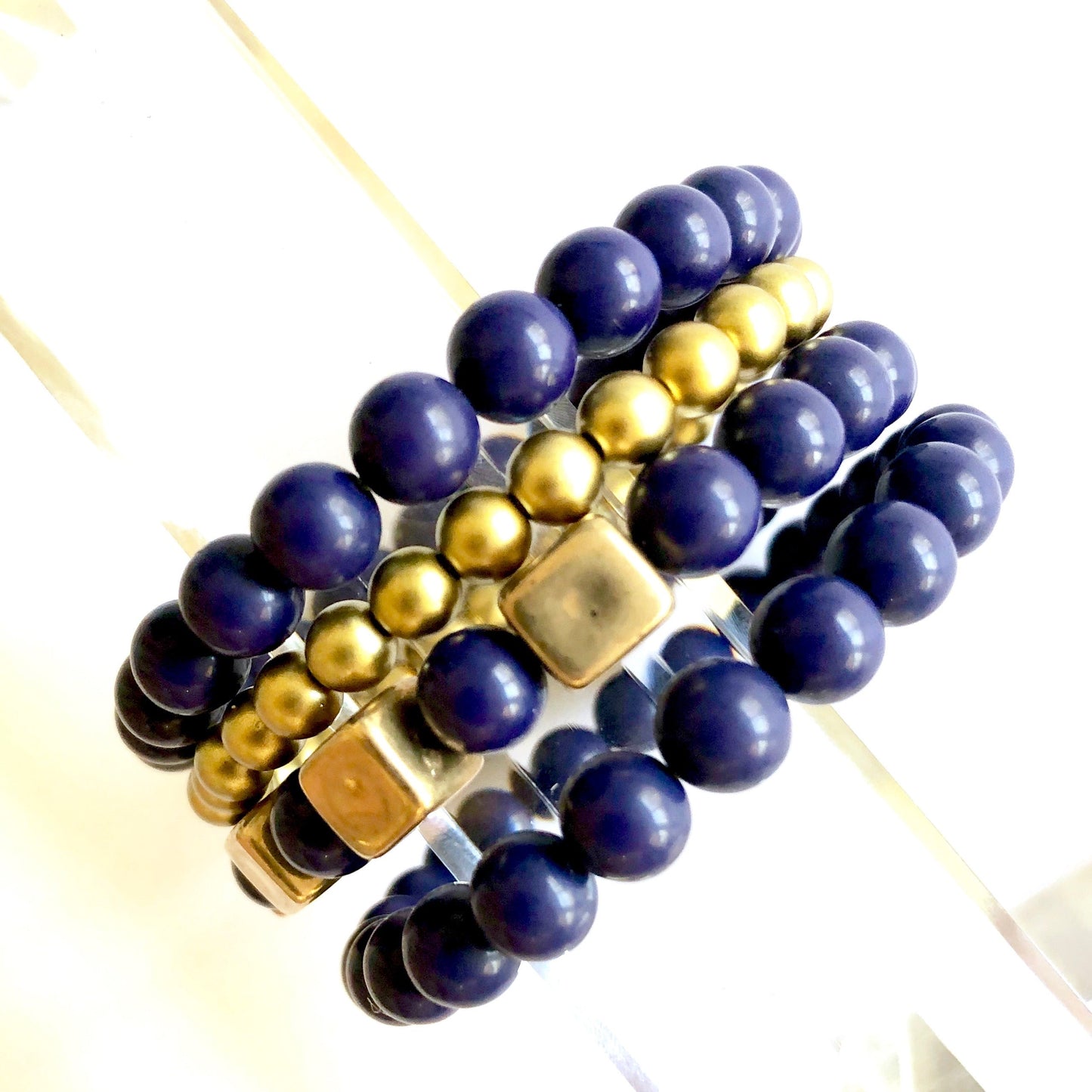 Navy Blurple & Gold Cube Stack and Stretch Bracelet Set