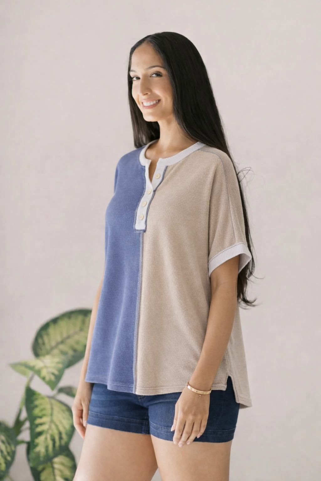 Midnight & Sand Button Top
