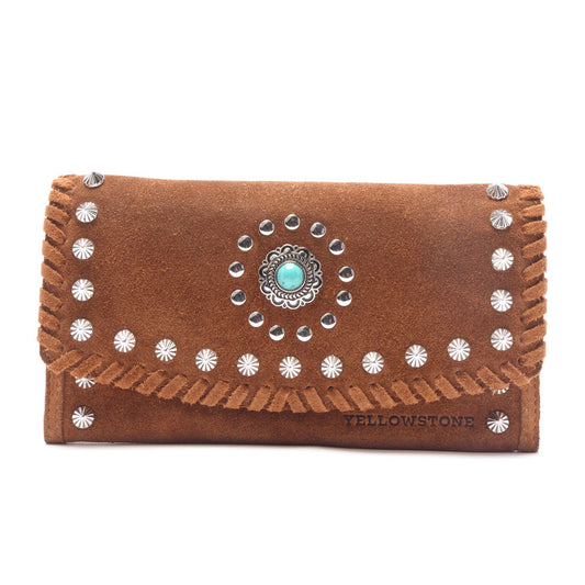 Myra Yellowstone Briar Meadow Studded Suede Leather Women’s Wallet in Desert Tan