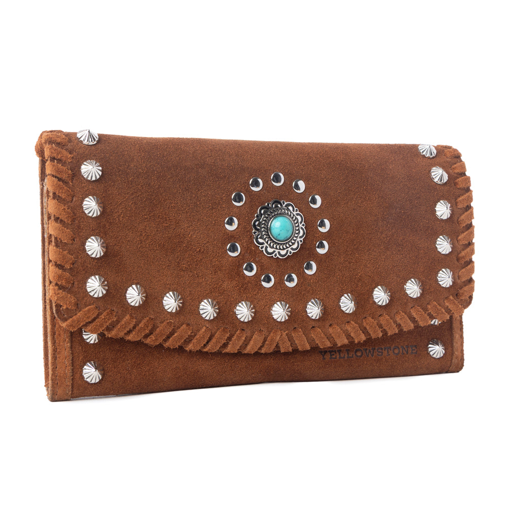 Myra Yellowstone Briar Meadow Studded Suede Leather Women’s Wallet in Desert Tan