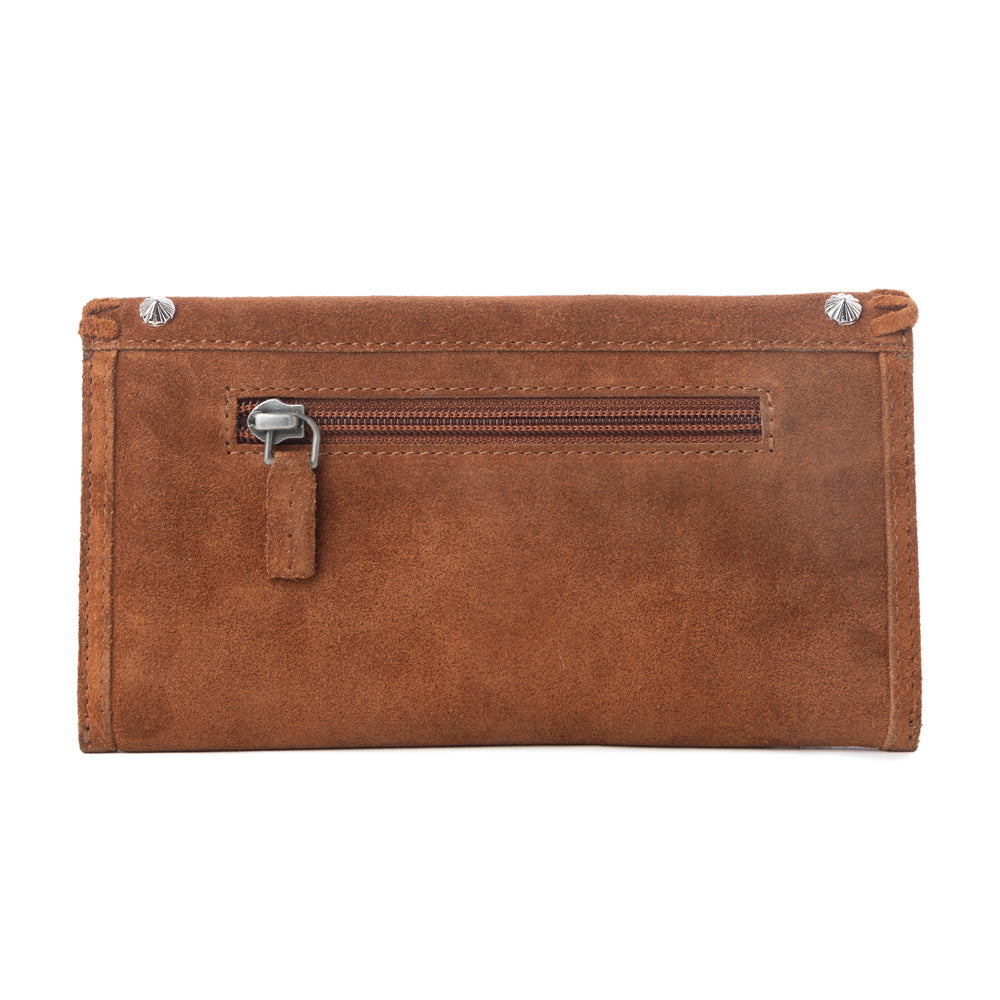 Myra Yellowstone Briar Meadow Studded Suede Leather Women’s Wallet in Desert Tan