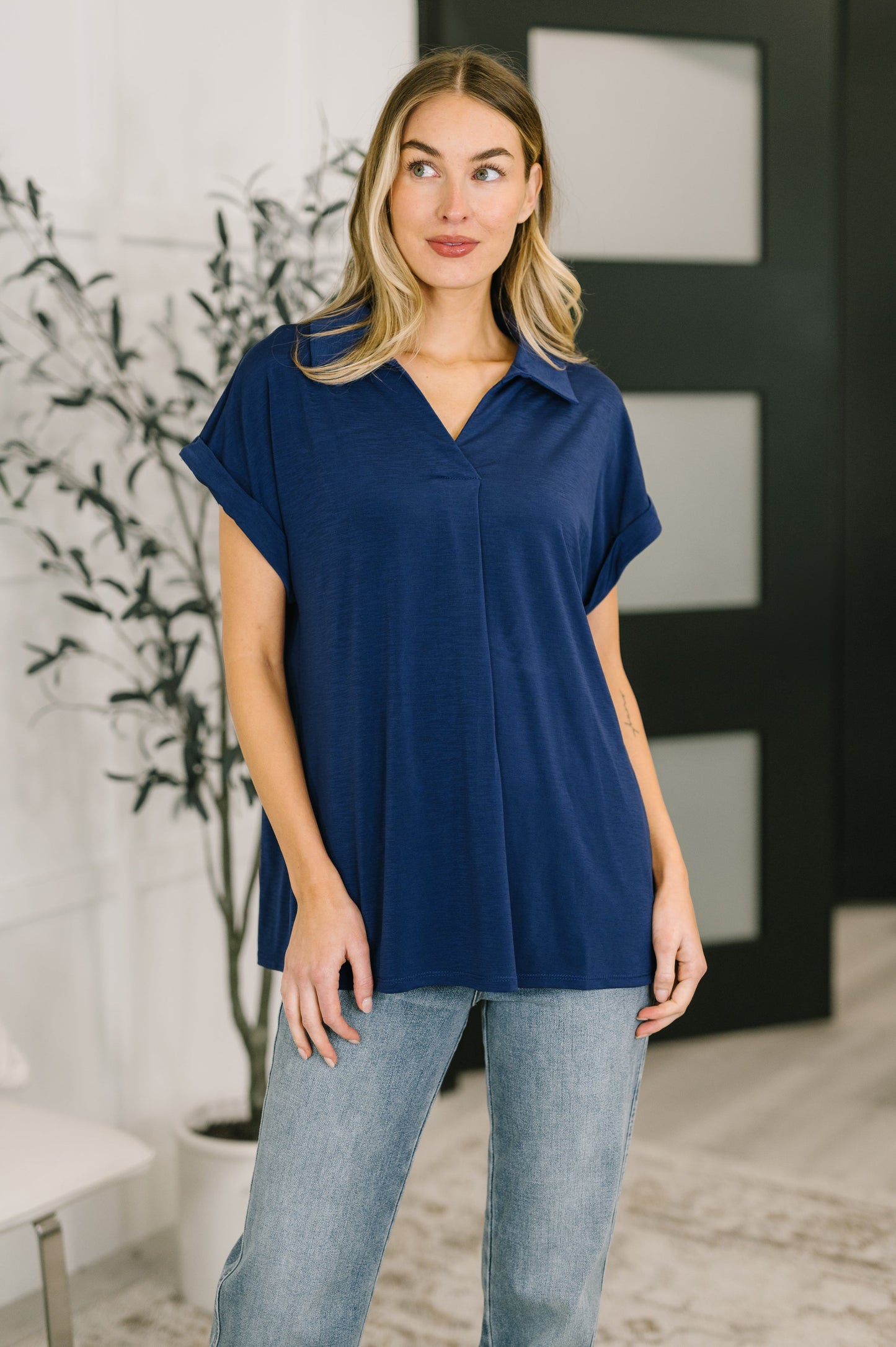 Sea You Soon Collared Top in Navy