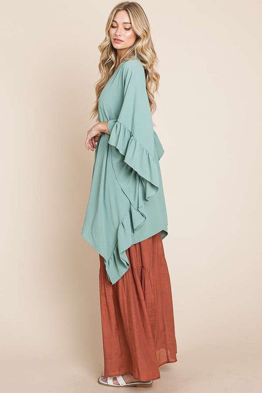 Wide sleeves ruffle kimono