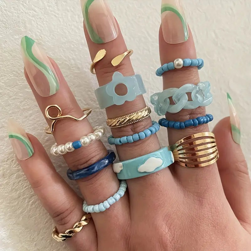 Spring Trendy Resin Ring Sets 14 Pieces