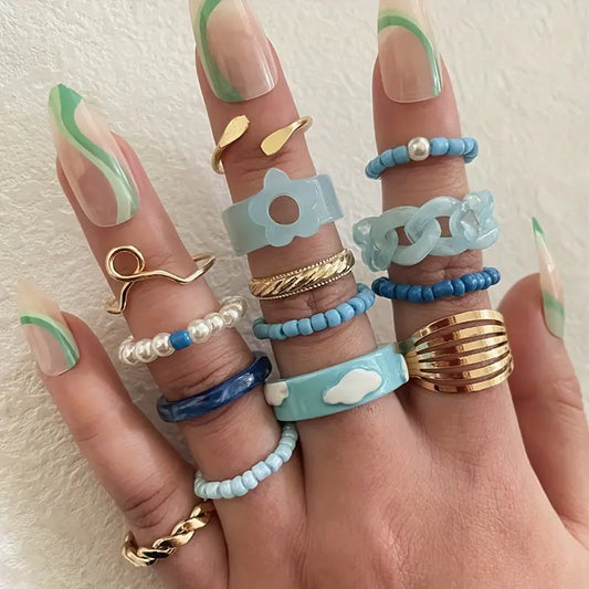 Spring Trendy Resin Ring Sets 14 Pieces