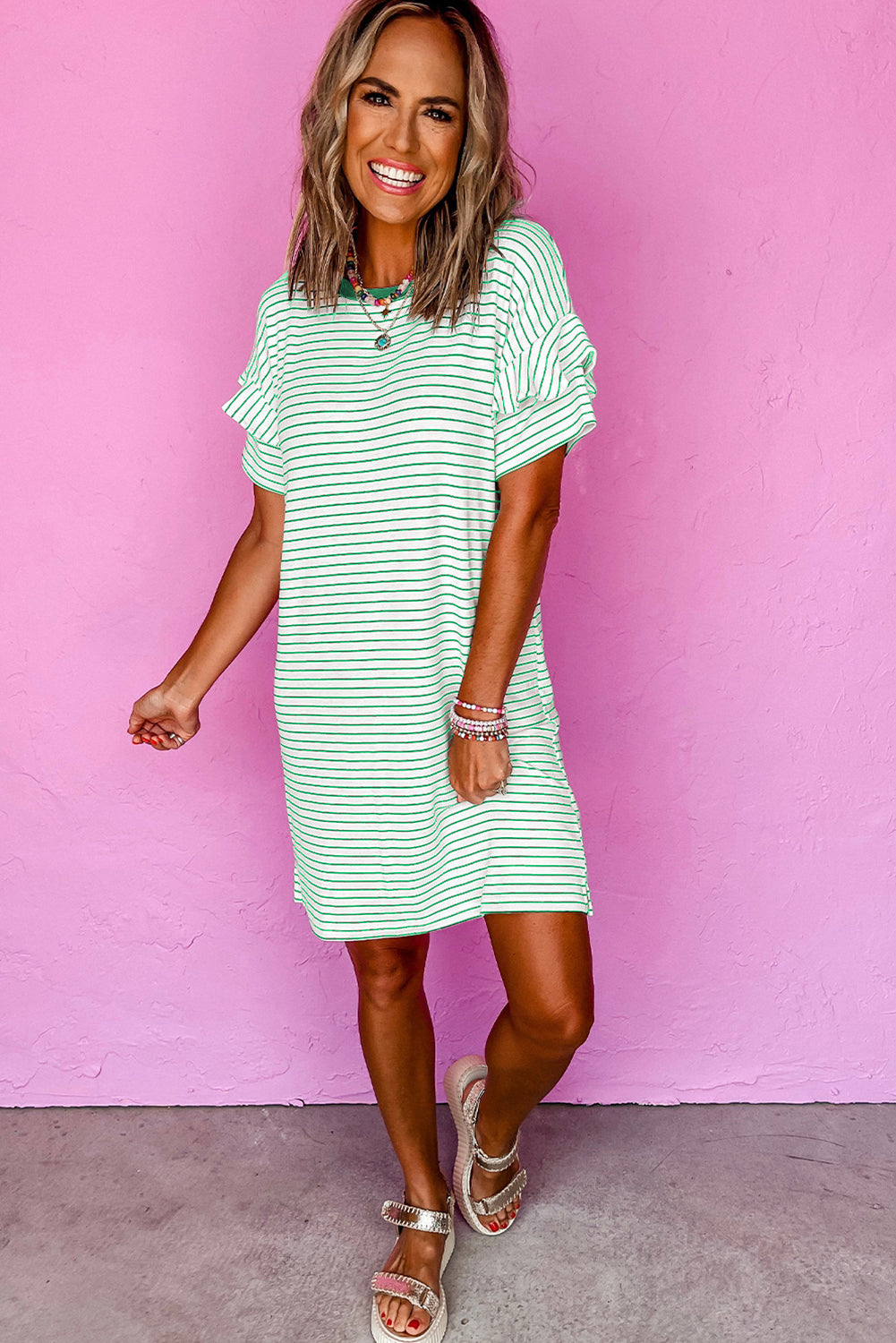 Striped Ruffled Short Sleeve Crew Neck T Shirt Shift Mini Dress