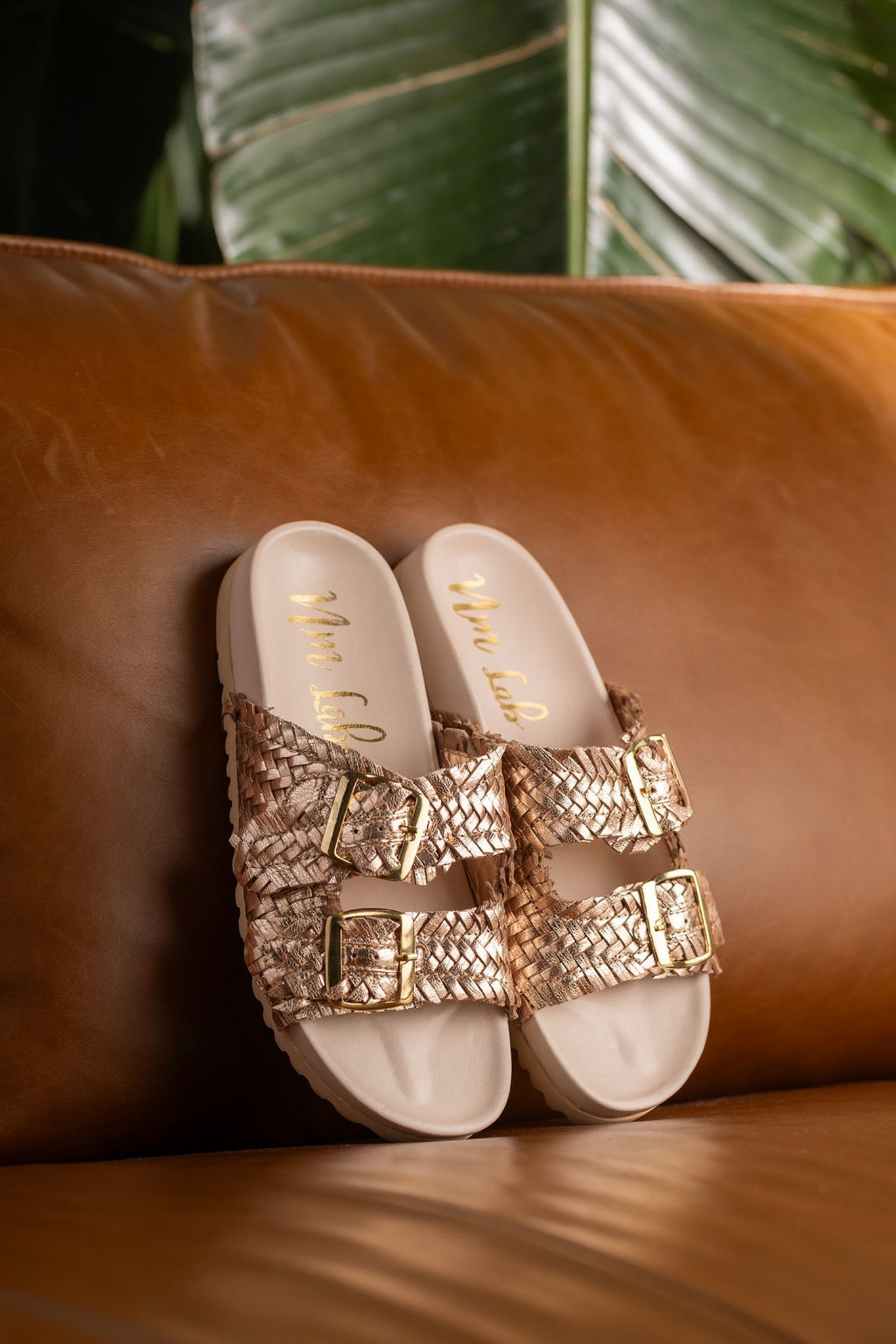 Intertwine Dual Woven Strap Slide in Champagne