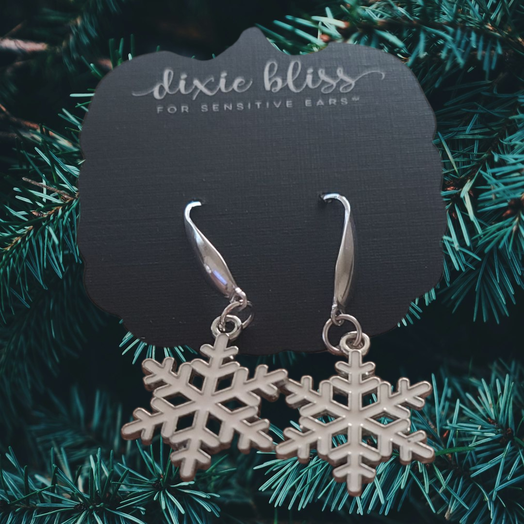 Silver & White Large Dangle Snowflake Earrings