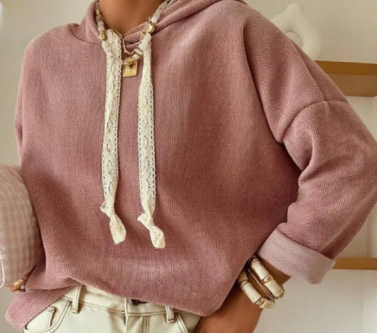 Lace Drawstring Baggy Hoodie