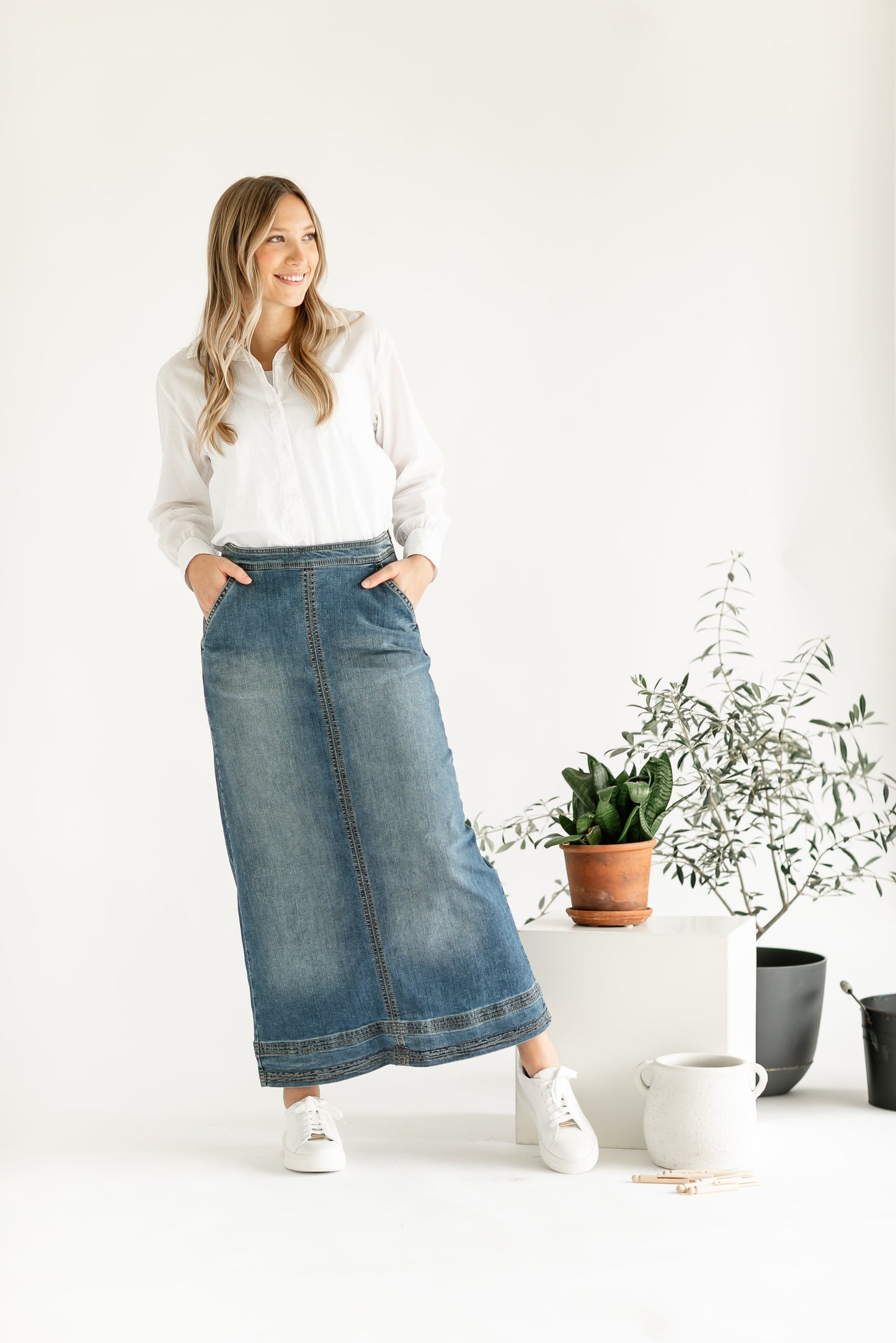 Sutton Side Zip A-line Denim Maxi Skirt