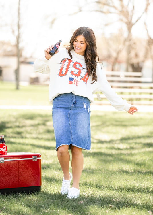 Tiana Distressed Denim Midi Skirt