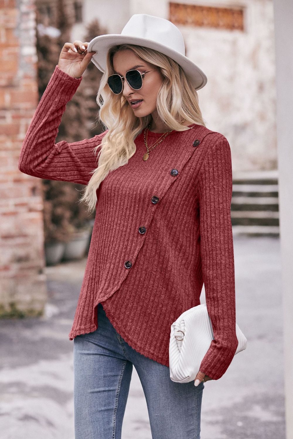 Ribbed Round Neck Buttoned Long Sleeve Tee