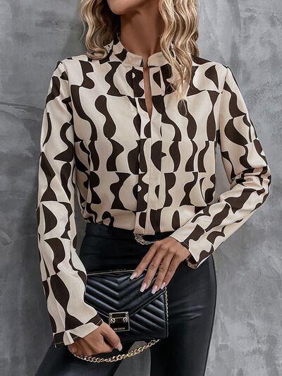 Printed Notched Long Sleeve Blouse